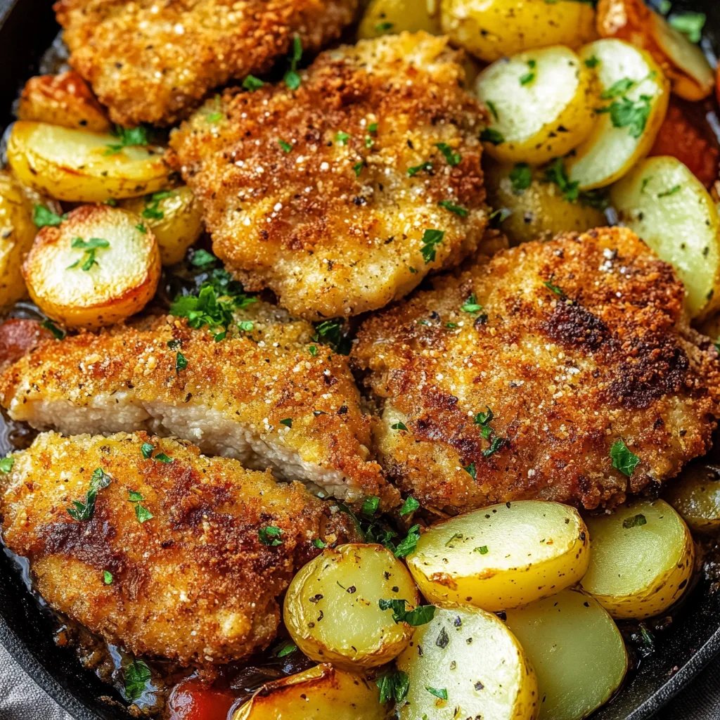 Parmesan Hähnchenschnitzel aus dem Ofen mit Gemüse und Kartoffeln